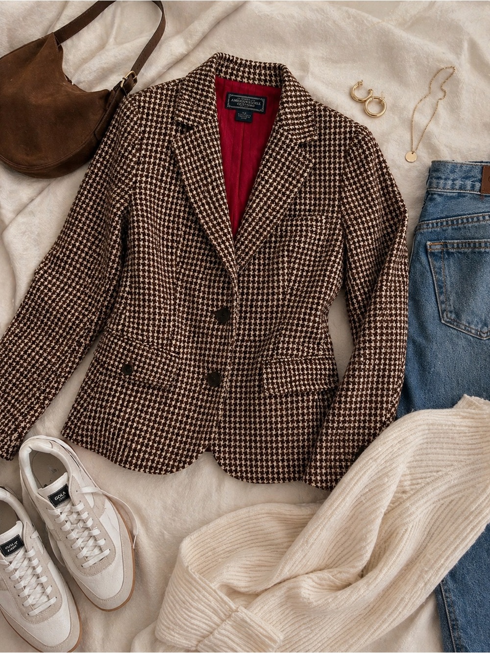 American Eagle Houndstooth Blazer Brown Tweed Jacket Preppy Chic S/P - Picture 4 of 6